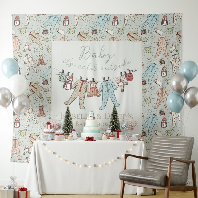 Tenture Bébé son Baby shower froid à l'extérieur de l'hive (Sage Baby It's Cold Outside Winter Baby Shower Backdrop Cute Pajamas,Teddy Bears,Penguins, Reindeer)