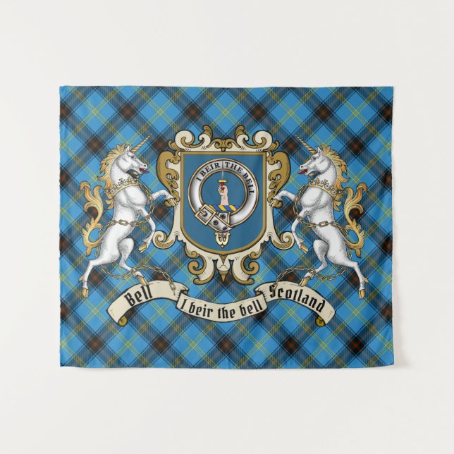 Tenture Bell Clan Badge & Unicorns avec Tartan (Devant (Horizontal))