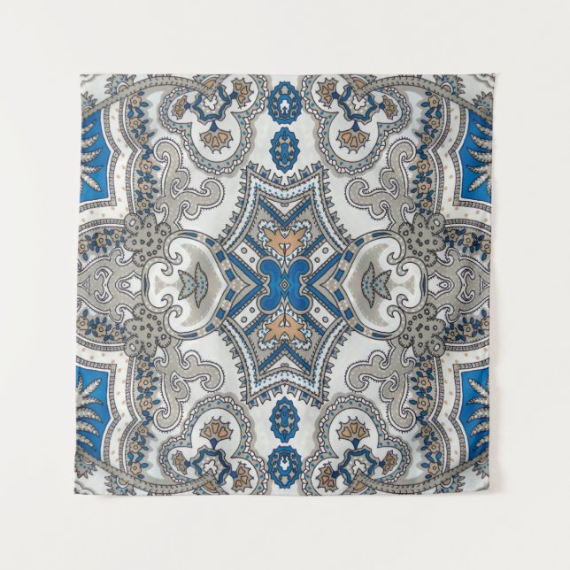 Tenture Belle arabesque blanche et bleue, motif islamique (Devant)