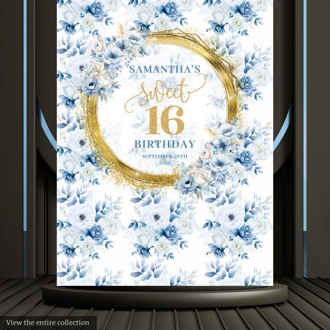Tenture Belle bannière pailletée or bleu clair doux 16 ans (Beautiful Light Blue Sweet 16 Gold Glitter Banner Tapestry )