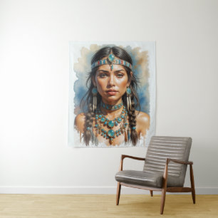 Tenture Belle Femme Boho Amérindienne avec Bijoux