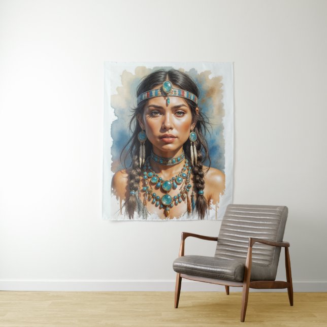 Tenture Belle Femme Boho Amérindienne avec Bijoux (En situation)