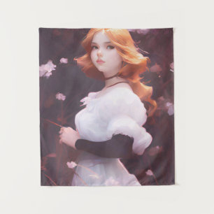 Tenture Belle Jeune Fille Parmi Les Fleurs Roses Portrait