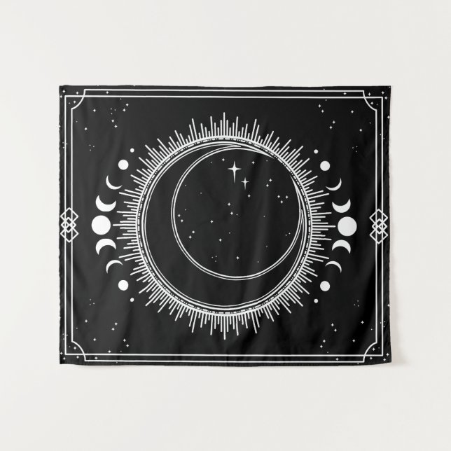 Tenture Belle Lune et Soleil avec Étoiles Noir et Blanc (Devant (Horizontal))