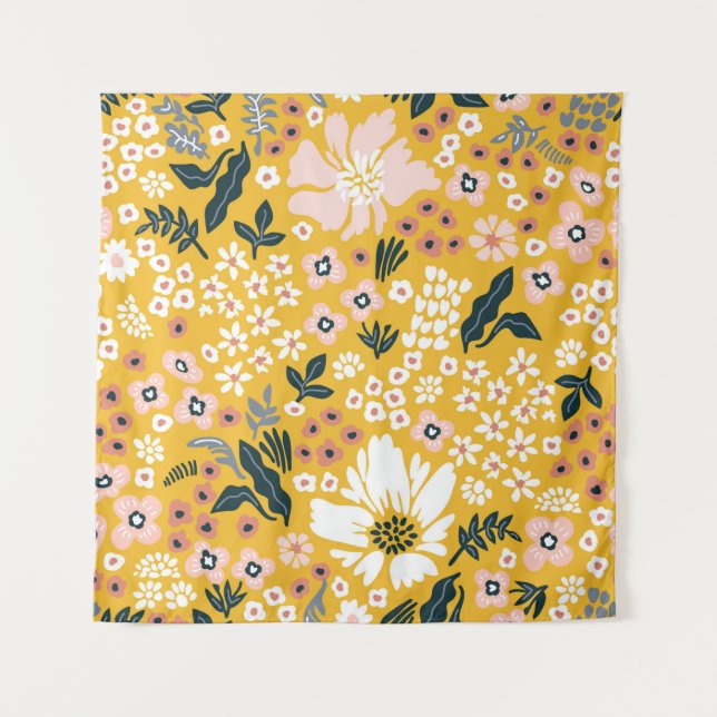 Tenture Belles fleurs de jardin sur arrière - plan jaune.  (Devant)