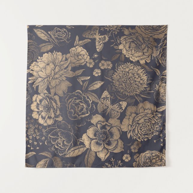 Tenture Belles pivoines de fleurs, roses et papillons.  (Devant)