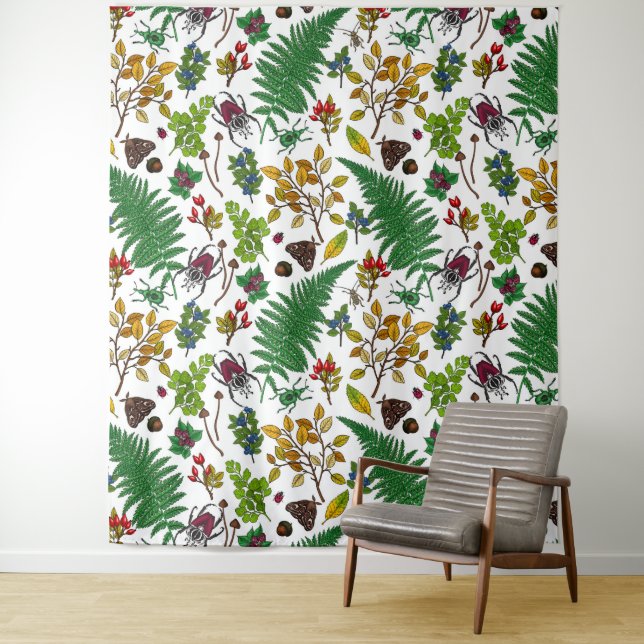 Tenture Berries forestières, feuilles et buissons sur blan (En situation)