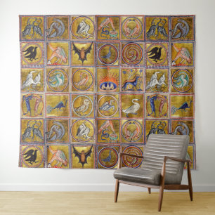 TENTURE BESTIAIRE MÉDIÉVAL, ANIMAUX FANTASTIQUES, ROUGE D'