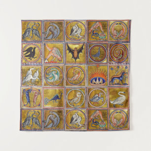 TENTURE BESTIAIRE MÉDIÉVAL, ANIMAUX FANTASTIQUES, ROUGE D'