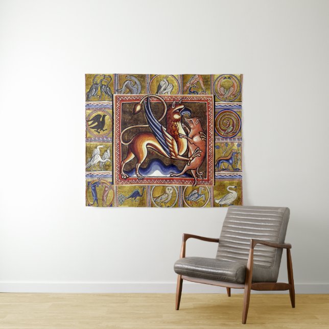 TENTURE BESTIAIRE MÉDIÉVAL, GRIFFIN ET GARDE SAUVAGE, ANIM (En situation (horizontale))