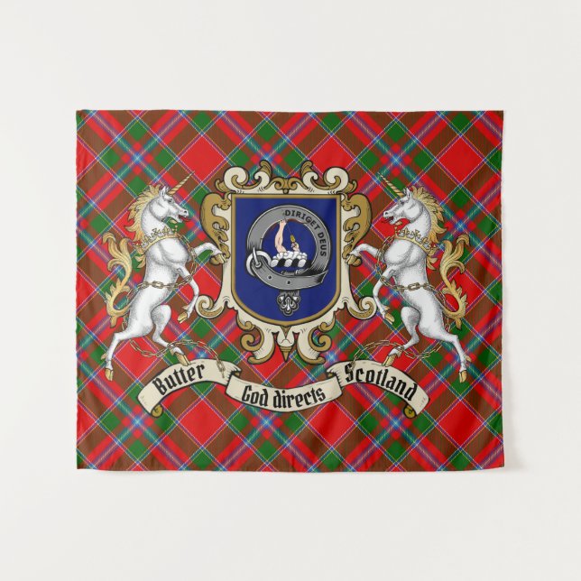 Tenture Beurre Clan Badge & Unicornes avec Tartan (Devant (Horizontal))