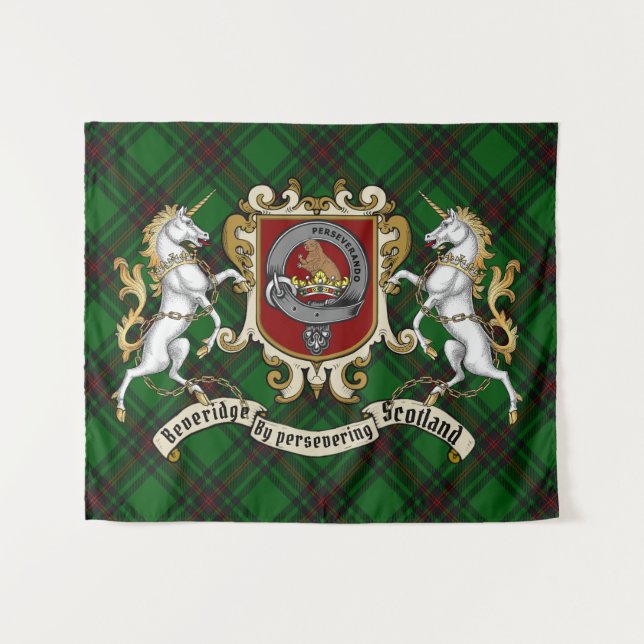 Tenture Beveridge Clan Badge & Unicorns avec Tartan (Devant (Horizontal))