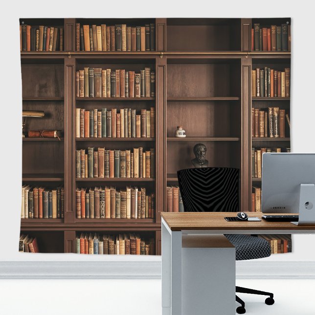 Tenture Bibliothèque gothique antique Étagère murale d'acc (Antique Gothic Library Bookshelf Faux Accent Wall Tapestry for home decor and zoom meetings.)