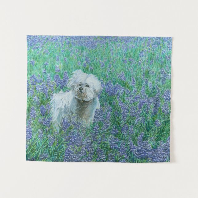 Tenture Bichon Frise dans les Bluebonnets (Devant (Horizontal))