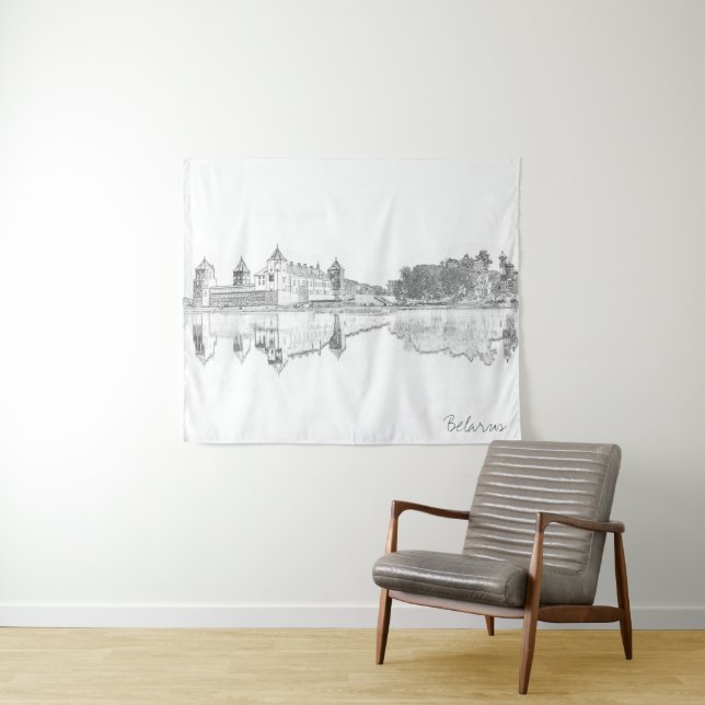 Tenture Biélorussie Mir Castle Cityscape Sketch Tapestry (En situation (horizontale))