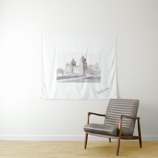 Tenture Biélorussie Mir Castle Cityscape Sketch Tapestry (En situation (horizontale))