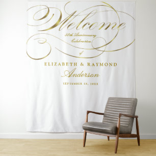 Tenture Bienvenue 50e Anniversaire Élégant Script Argent