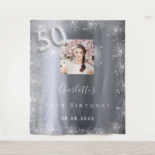 Tenture Bienvenue 50e anniversaire photo argent paillettes (Devant)