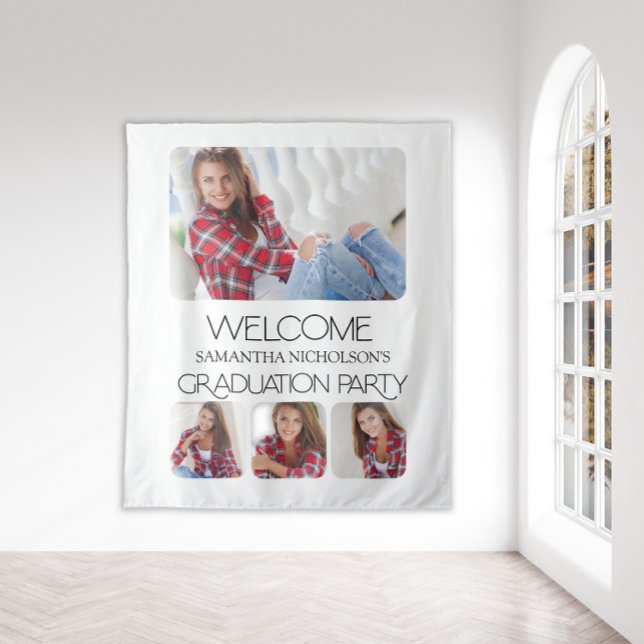 Tenture Bienvenue à une fête de remise de diplômes moderne (Modern, white 4-photo graduation "Welcome" sign/tapestry)