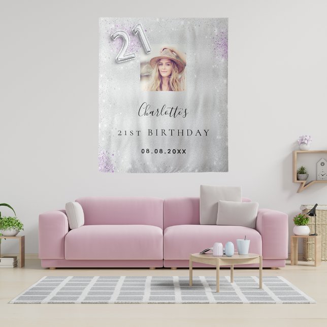 Tenture Bienvenue argent violet photo paillettes 21e anniv (Créateur téléchargé)