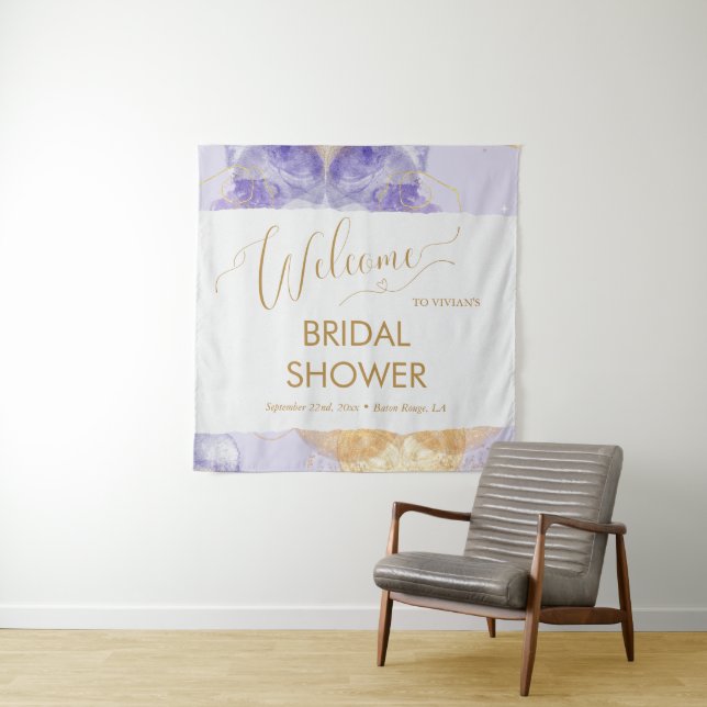 Tenture Bienvenue au mariage dans les tons bleu doré aquar (En situation)