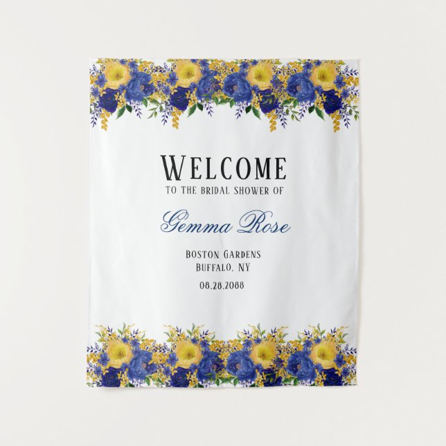 Tenture Bienvenue au mariage de pivoine aquarelle bleue et (Devant)