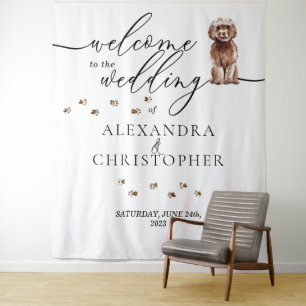Tenture Bienvenue au mariage du chien Cavapoo marron
