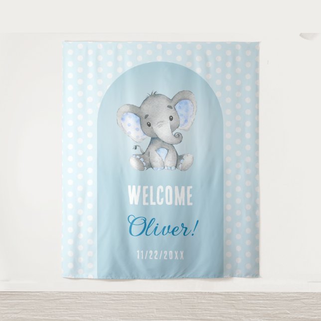 Tenture Bienvenue Baby Boy Blue Elephant Fond photo (Devant)