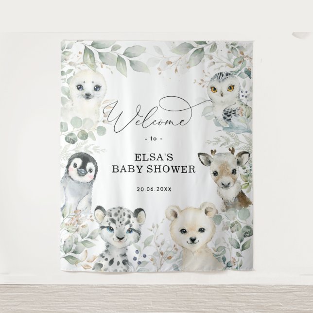 Tenture Bienvenue Bébé Animaux Arctiques Vert de Noël Or (Devant)