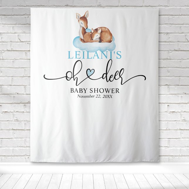 Tenture Bienvenue Bébé Cerf Shower Nuage Bleu (Oh deer baby shower with a deer and fawn on a blue cloud with hand lettered typography.)