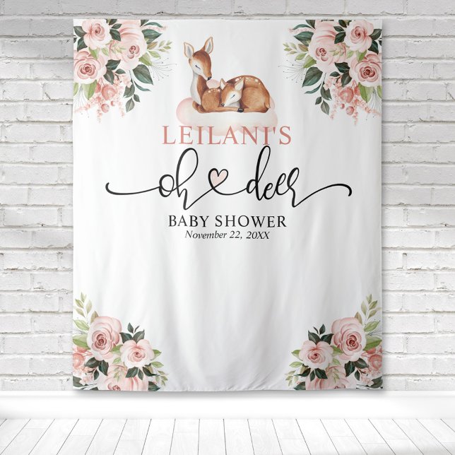 Tenture Bienvenue Bébé Fête de Naissance Cerf Fond Rose Fl (Oh deer baby shower with a deer and fawn on a pink cloud with pink floral clusters in the corners.)