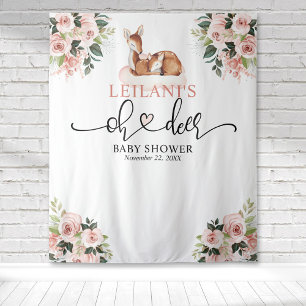 Tenture Bienvenue Bébé Fête de Naissance Cerf Fond Rose Fl