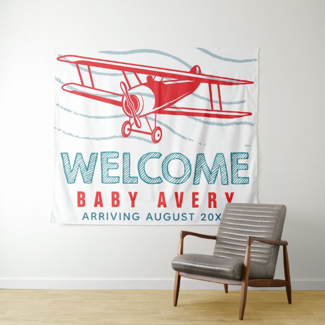 Tenture Bienvenue Bébé Fête Prénatale Avion (En situation (horizontale))