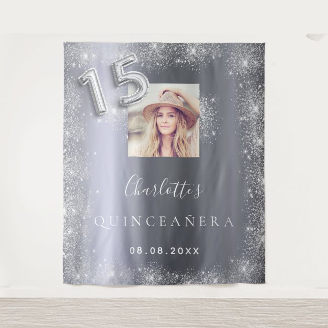Tenture Bienvenue en photo argent pailleté pour Quinceaner (Devant)