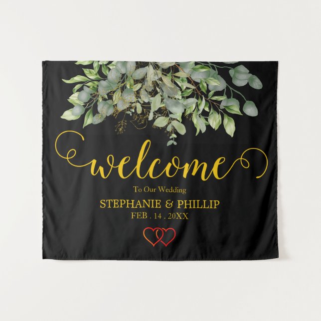 Tenture Bienvenue Feuillage d'Eucalyptus Vert Mariage noir (Devant (Horizontal))