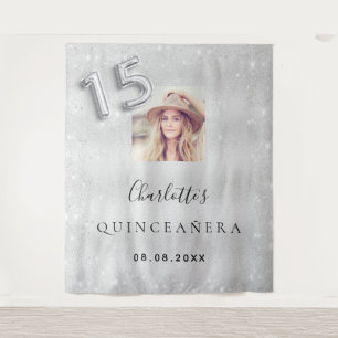 Tenture Bienvenue photo Quinceanera pailletée argentée