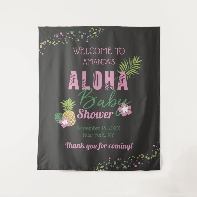 Tenture Bienvenue pour bébé rose et vert Aloha (Devant)