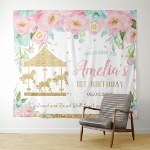 Tenture Bienvenue pour le 1er anniversaire Pink Mint Flora
