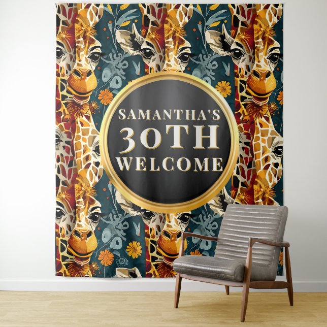 Tenture Bienvenue pour les 30 ans de Boho Safari Girafe (En situation)