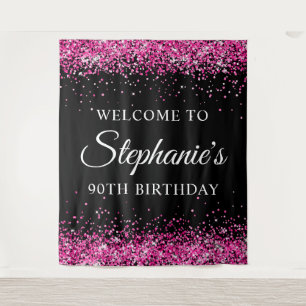 Tenture Bienvenue pour les 90 ans Black Glitter Rose Chaud
