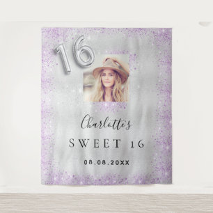 Tenture Bienvenue Sweet 16 argent photo paillettes lavande