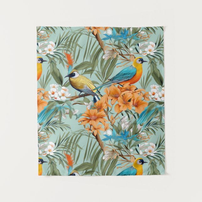 Tenture Birds Chinoiserie Mint Orange (Devant)