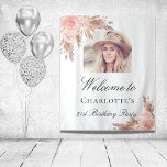 Tenture Birthday pampas grass blush rose gold arch photo<br><div class="desc">A welcome tapestry for an elegant and modern birthday party. White background,  decorated with boho style pampas grass and rose gold and blush pink florals.  Personalize and add a photo inside the arch frame,  name and age.</div>