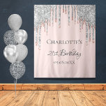 Tenture Birthday party glitter rose gold silver blush pink<br><div class="desc">A trendy and glamorous 21st (or any age) birthday party tapestry. A girly blush pink background decorated with faux silver, rose gold faux glitter drips, paint dripping look. Personalize and add a name and a date. Date of birth or the party. Gray colored text. The text: 21st Birthday is written...</div>