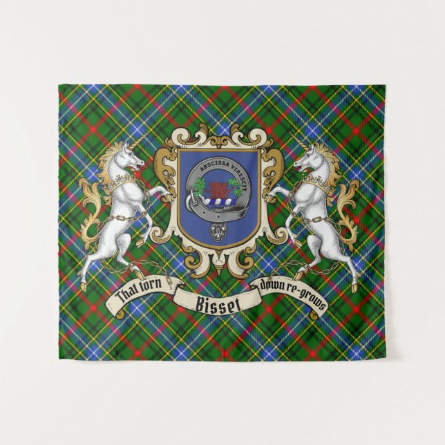 Tenture Bisset Clan Badge & Licornes w/Tartan    (Devant (Horizontal))