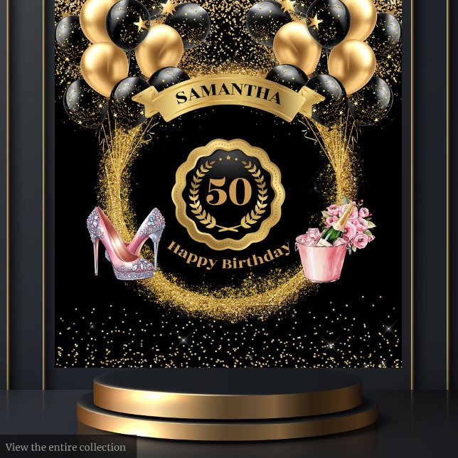 Tenture Black Balloons Gold Parties scintillant 50e fête d (Black Balloons Gold Glitter 50th Birthday Party Tapestry)