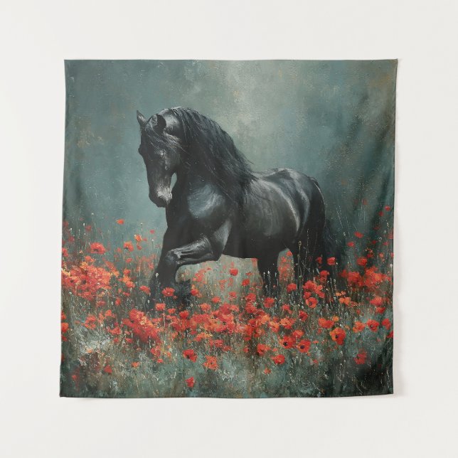 Tenture Black Friesian Stallion Red Poppies (Devant)
