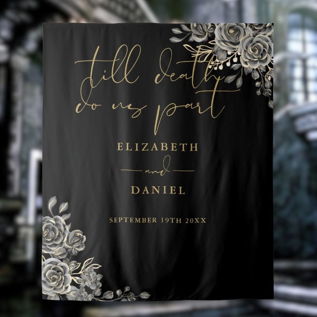 Tenture Black Gold Goth Rose Floral Mariage Photo Prop (Black Gold Goth Roses Floral Wedding Photo Prop Tapestry)