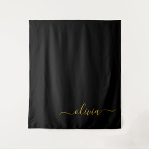 Tenture Black Gold Modern Script Girl Monogramme Nom