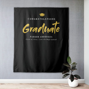 Tenture Black & Gold Moderne Brush Script Graduation Party